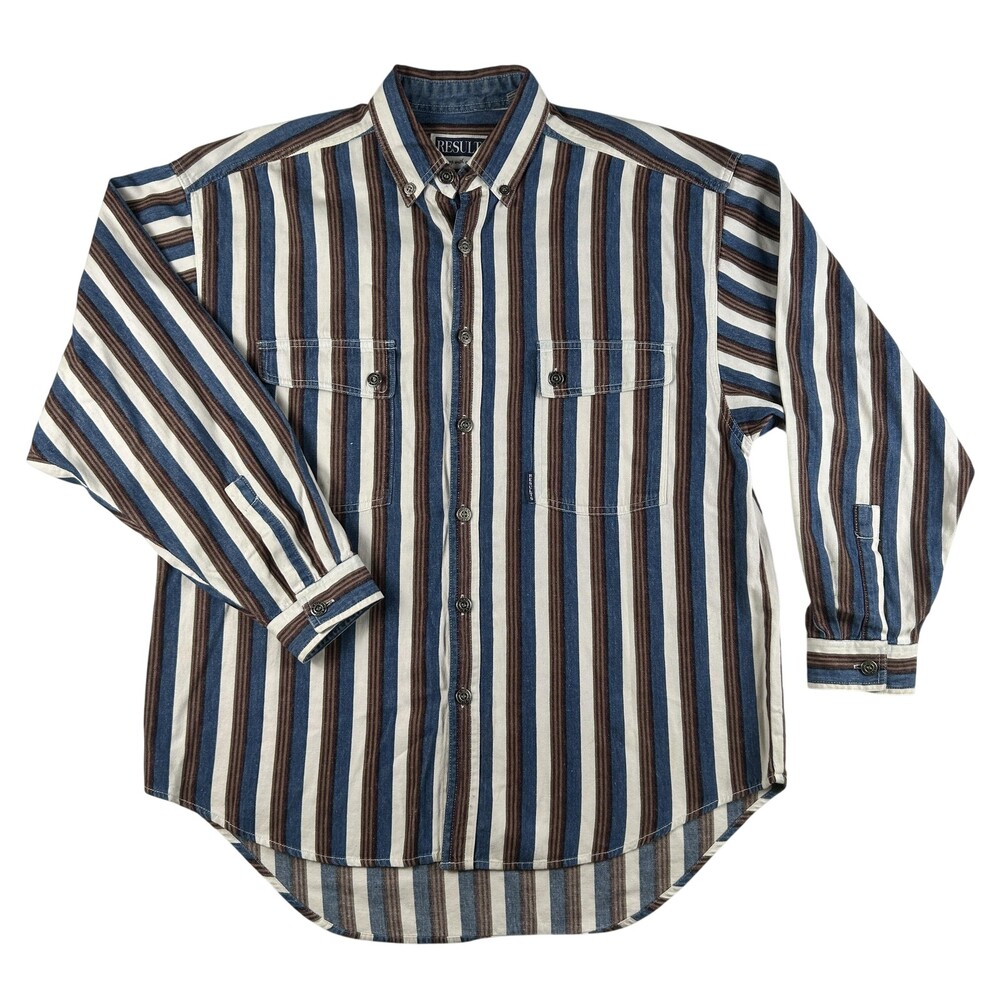 Vintage Results Shirt Mens Medium Stripe Long Sleeve Button Up Casual Cotton 90s
